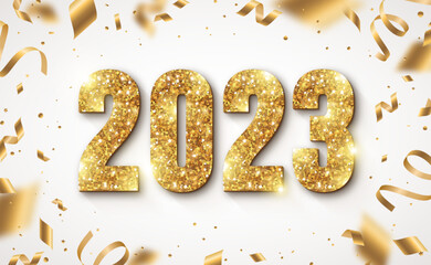 Happy New Year Banner with Gold 2023 Numbers on Bright Background with Flying Confetti and Streamers. Vector illustration. Golden Holiday logo poster