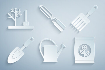 Set Watering can, Garden fork, trowel spade shovel, Fertilizer bag, Gardening handmade scissor and Planting tree the ground icon. Vector
