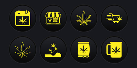 Set Marijuana or cannabis leaf, Shopping cart with marijuana, Planting, seeds, Online buying, Cup tea and Calendar and icon. Vector © vector_v