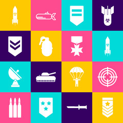 Set Chevron, Target sport, Biohazard rocket, Hand grenade, Nuclear and Military reward medal icon. Vector