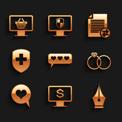Set Like and heart, Monitor with dollar, Fountain pen nib, Wedding rings, Heart speech bubble and Medical shield cross icon. Vector