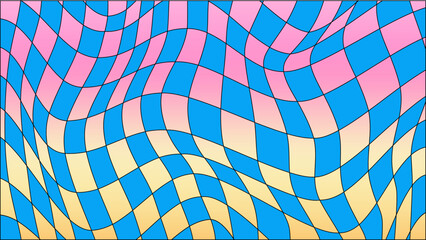 Groovy checkered colorful background with distorted squares. Abstract vector pattern. Retro psychedelic checkerboard poster. Chess pattern. 60s 70s hippie funky vibe style.