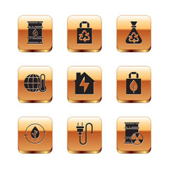 Set Bio fuel barrel, Recycle and leaf, Electric plug, House lightning, Global warming, Garbage bag with recycle, Radioactive waste and Paper icon. Vector