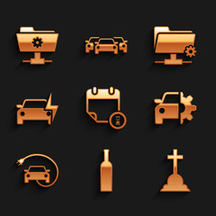 Set Calendar and clock, Bottle of wine, Tombstone with cross, Car service, Electric car and icon. Vector