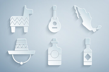 Set Tequila bottle, Map of mexican, Mexican sombrero, Tabasco sauce, guitar and Pinata icon. Vector