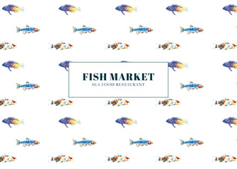 Watercolor fish market, sea food restaurant design illustration, flyer, business card, poster, print. Printable, seamless pattern, decoration,white background, sea, ocean, swimming fishes, animal diy
