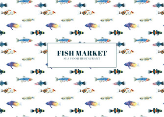 Watercolor fish market, sea food restaurant design illustration, flyer, business card, poster, print. Printable, seamless pattern, decoration,white background, sea, ocean, swimming fishes, animal diy