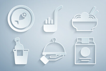 Set Covered with tray of food, Asian noodles in bowl, Champagne ice bucket, Online ordering and delivery, Kitchen ladle and Served fish on plate icon. Vector