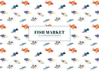 Watercolor fish market, sea food restaurant design illustration, flyer, business card, poster, print. Printable, seamless pattern, decoration,white background, sea, ocean, swimming fishes, animal diy