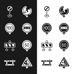 Set Pedestrian crosswalk, Speed limit traffic, Stop sign, Road, barrier, Warning road and Parking car icon. Vector