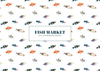 Watercolor fish market, sea food restaurant design illustration, flyer, business card, poster, print. Printable, seamless pattern, decoration,white background, sea, ocean, swimming fishes, animal diy