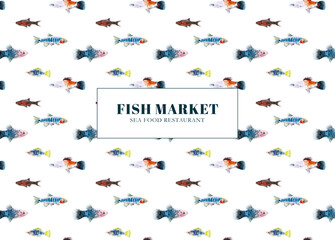 Watercolor fish market, sea food restaurant design illustration, flyer, business card, poster, print. Printable, seamless pattern, decoration,white background, sea, ocean, swimming fishes, animal diy