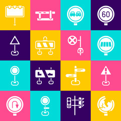 Set Road traffic sign, Exclamation mark in triangle, Pedestrian crosswalk, No overtaking road, barrier, Triangle warning blank, Billboard with lights and Stop camera icon. Vector