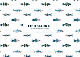 Watercolor fish market, sea food restaurant design illustration, flyer, business card, poster, print. Printable, seamless pattern, decoration,white background, sea, ocean, swimming fishes, animal diy