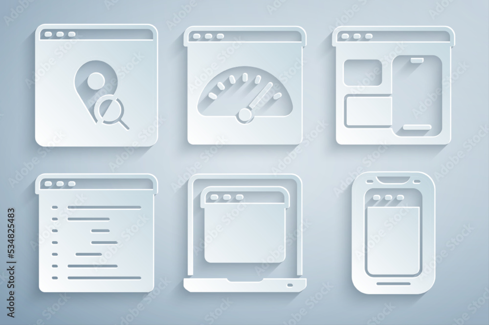 Poster set laptop with browser window, web developer programming code, browser, mobile phone, digital speed