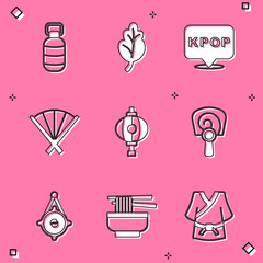 Set Korean lantern, Kimchi, K-pop, Traditional fan, hand, and Ramen icon. Vector