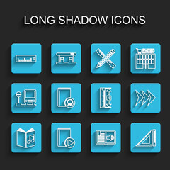 Set line Audio book, Ruler, Triangular ruler, Arrow and Measuring height and length icon. Vector