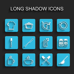 Set line Coffee cup, Chef hat, Crossed fork, Kitchen colander, Knife, Salt pepper and Sponge with bubbles icon. Vector