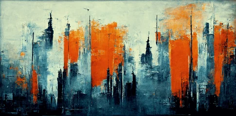 Printed kitchen splashbacks Watercolor painting skyscraper Spectacular watercolor painting of an abstract urban, cityscape, skyscraper scene in orange and teal, grayish smog. Double exposure building. Digital art 3D illustration.