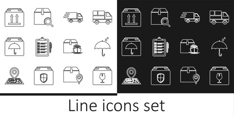Set line Delivery box with fragile content, Umbrella and rain drops, truck movement, Verification of delivery list, package umbrella, Cardboard traffic, Cargo ship boxes and Search icon. Vector
