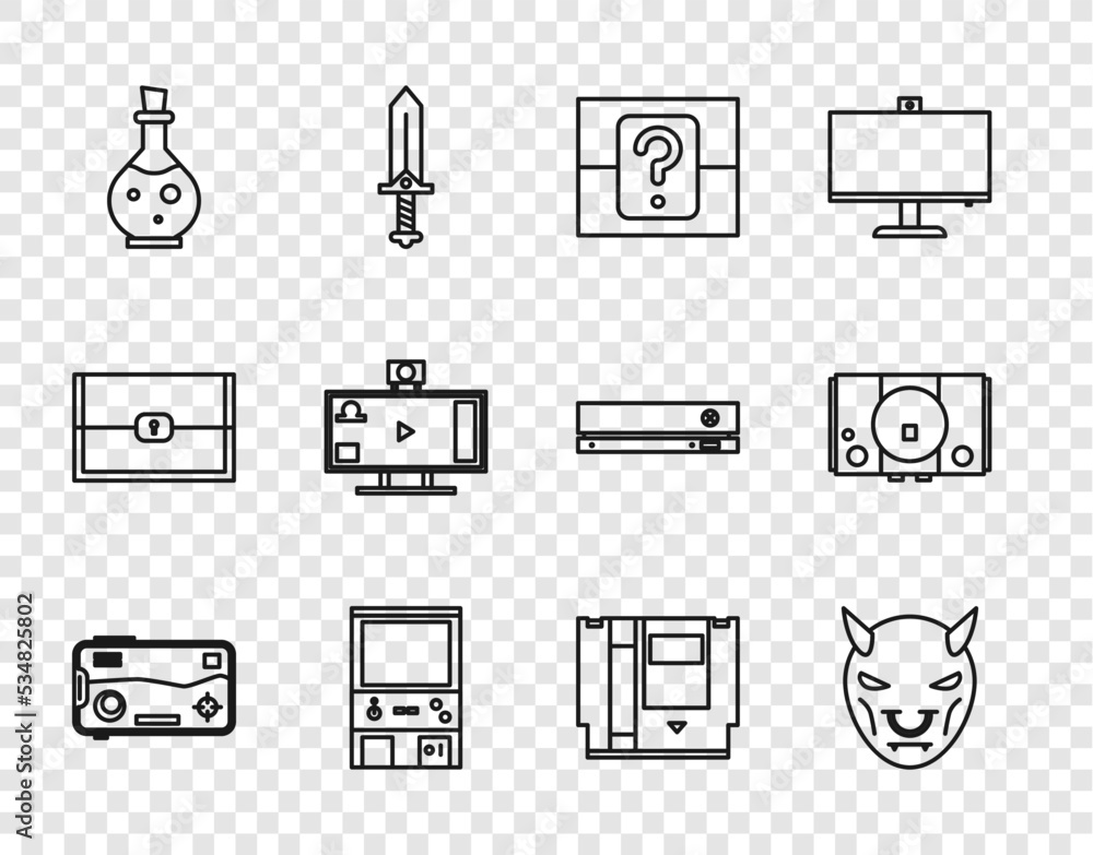 Poster set line mobile and playing in game, mask of the devil with horns, mystery random box, retro arcade 
