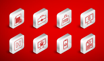 Fototapeta premium Set line Clinical record, Toolbox, Weight, Monitor with dollar, Smartphone upload, Transfer files, shopping basket and Hospital icon. Vector