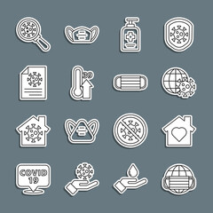 Set line Earth with medical mask, globe virus, Liquid antibacterial soap, High human body temperature, Clipboard blood test results, Virus under magnifying glass and Medical protective icon. Vector