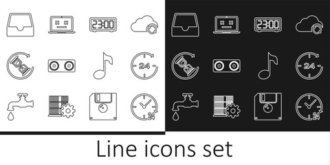 Set line Clock 24 hours, Digital alarm clock, Stereo speaker, Waiting, Social media inbox, Music note, tone and Dead laptop icon. Vector