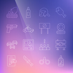 Set line Pepper spray, Road barrier, Lying burning tires, Police helmet, car and flasher, Pistol or gun, and Protest icon. Vector