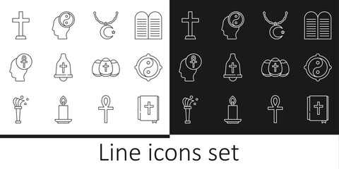 Set line Holy bible book, Yin Yang, Star and crescent on chain, Church bell, Cross ankh, Christian cross, Easter egg and icon. Vector