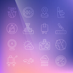 Set line Radar with targets on monitor, Worldwide, Plane landing, Location, Airport control tower, No alcohol, Globe flying plane and Suitcase icon. Vector