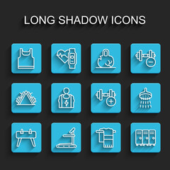 Set line Pommel horse, Treadmill machine, Sleeveless t-shirt, Towel on hanger, Locker changing room, Bodybuilder, Shower and Dumbbell icon. Vector