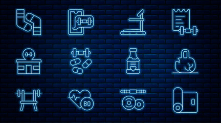 Set line Fitness mat roll, Broken weight, Treadmill machine, Sports doping with dumbbell, Gym building, Socks, Vitamins and app icon. Vector - obrazy, fototapety, plakaty