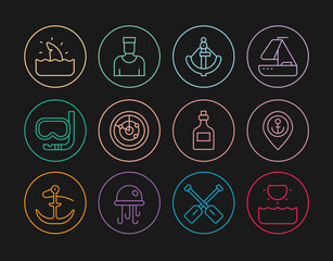 Set line Sun, Location with anchor, Anchor, Radar targets, Diving mask and snorkel, Shark fin ocean wave, Rum bottle and Sailor captain icon. Vector