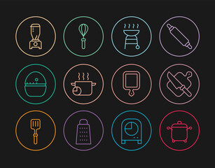 Set line Cooking pot, Cutting board and knife, Barbecue grill, Kitchen timer, Blender, and whisk icon. Vector