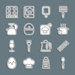 Set line Teaspoon, Food chopsticks, Cooking pot, Cutting board, Kitchen timer, Kettle with handle, Gas stove and Chef hat icon. Vector