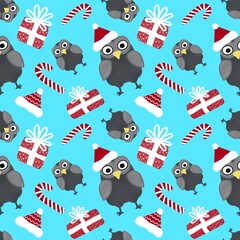 Cartoon owl seamless Christmas gifts box and Santa hat pattern for wrapping and clothes print and kids and fabrics