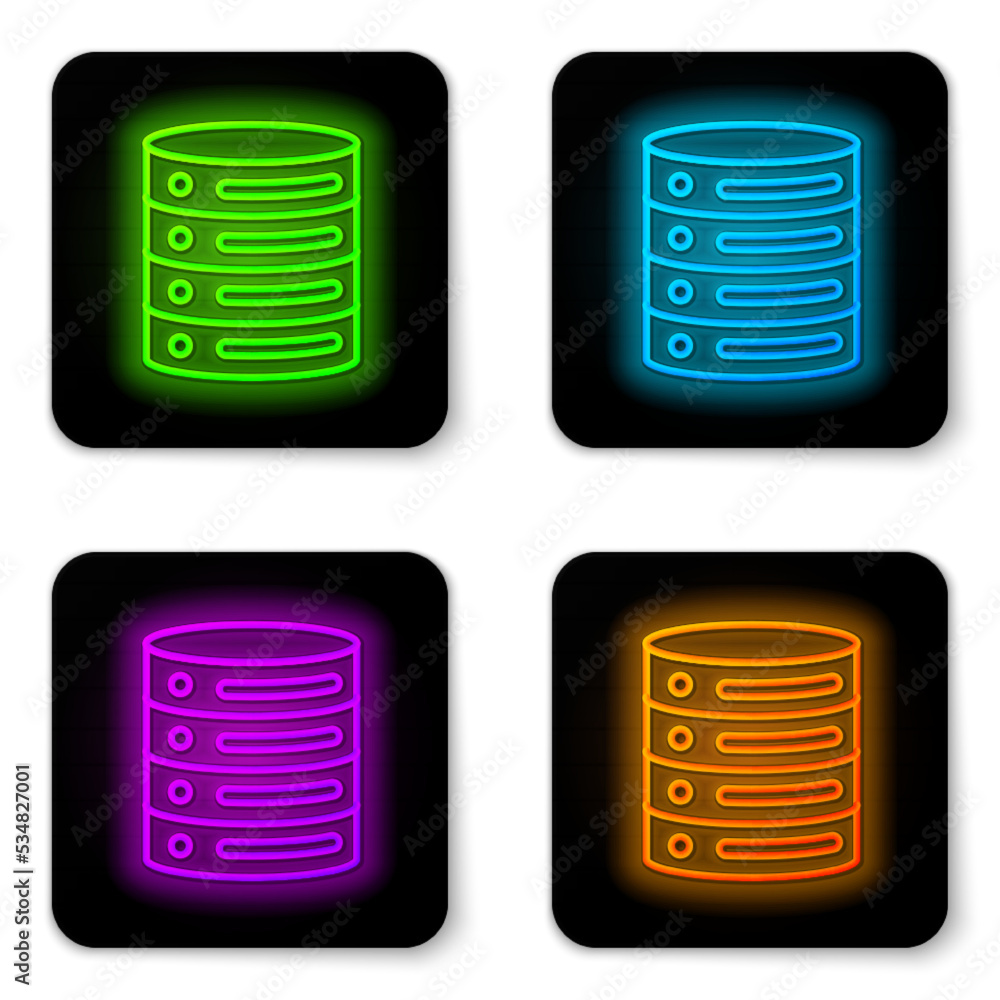 Poster glowing neon line server, data, web hosting icon isolated on white background. black square button. 