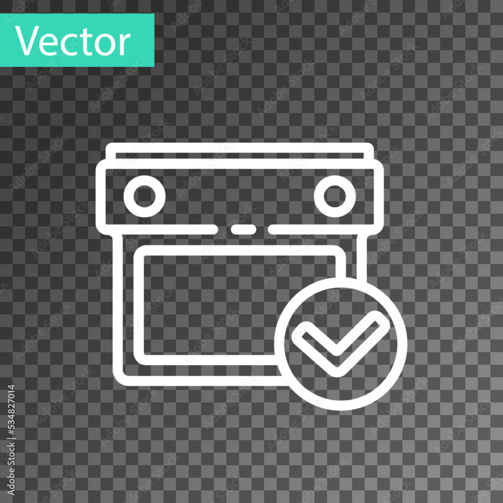Poster white line calendar with check mark icon isolated on transparent background. vector