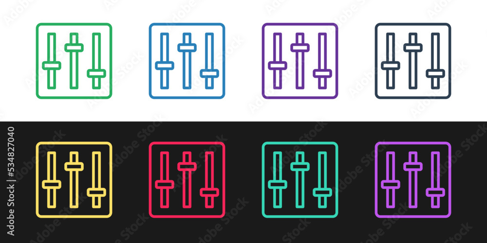 Poster set line sound mixer controller icon isolated on black and white background. dj equipment slider but
