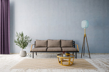Fototapeta Sofa mit Tisch vor leerer heller Wand und Gardine obraz