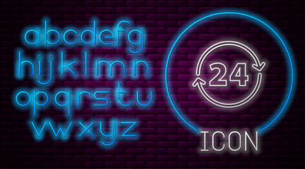 Glowing neon line Clock 24 hours icon isolated on brick wall background. All day cyclic icon. 24 hours service symbol. Neon light alphabet. Vector