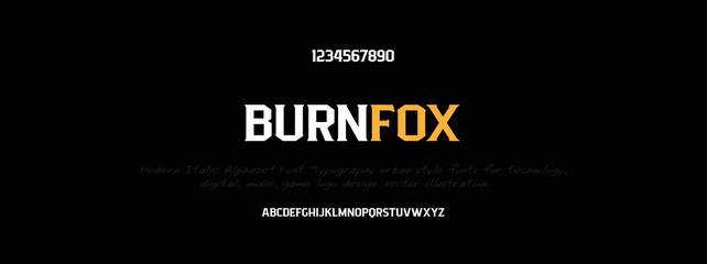BURNFOX Sports minimal tech font letter set. Luxury vector typeface for company. Modern gaming fonts logo design.