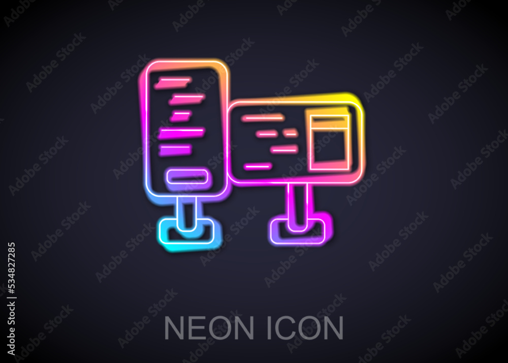 Poster glowing neon line computer monitor screen icon isolated on black background. electronic device. fron