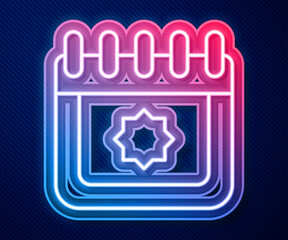 Glowing neon line Ramadan calendar icon isolated on blue background. Ramadan kareem and Islamic symbols. Vector