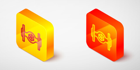 Isometric line Cosmic ship icon isolated on grey background. Yellow and orange square button. Vector