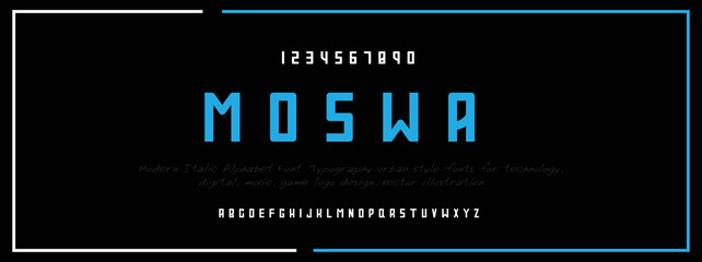 MOSWA Sports minimal tech font letter set. Luxury vector typeface for company. Modern gaming fonts logo design.