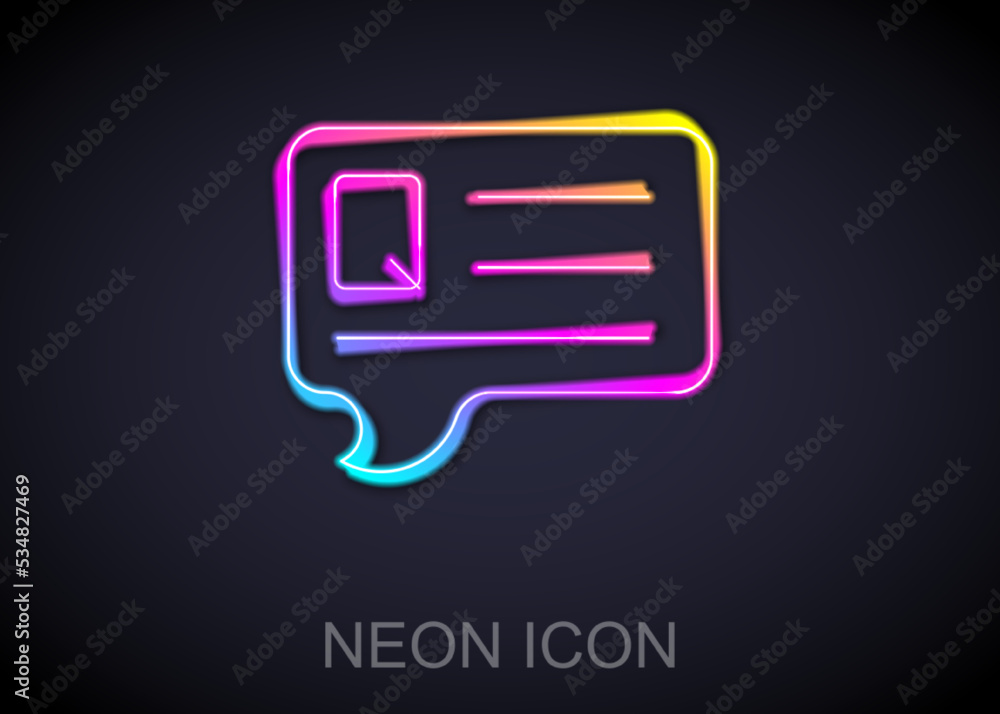 Poster glowing neon line speech bubbles with question icon isolated on black background. faq sign. chat spe