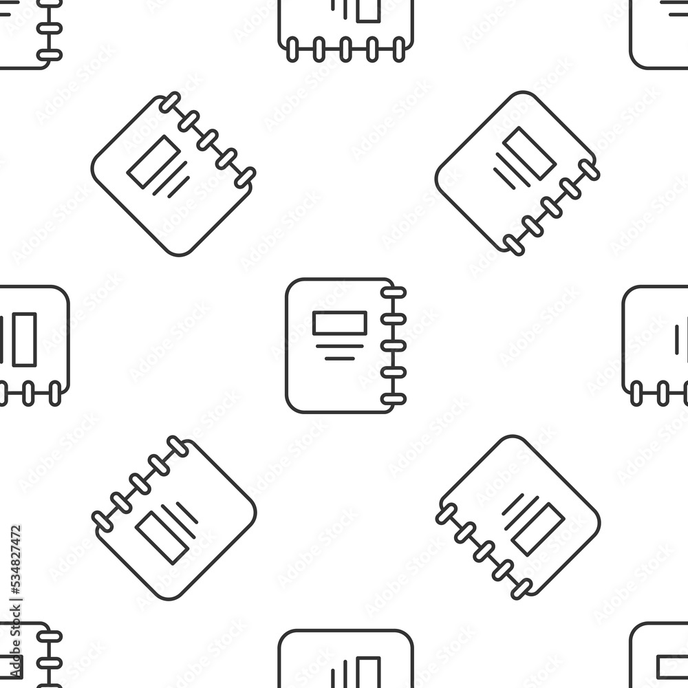 Poster grey line notebook icon isolated seamless pattern on white background. spiral notepad icon. school n