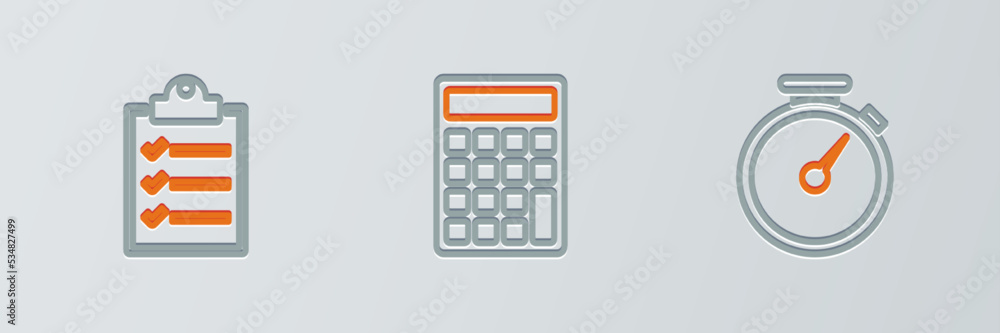 Poster set line stopwatch, clipboard with checklist and calculator icon. vector